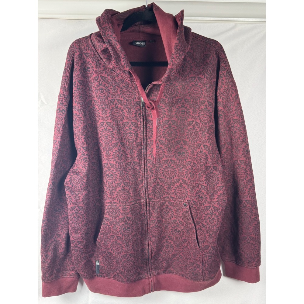 Vans Vintage Maroon Skull Damask All Over Print Full Zip Hoodie XL Skater Y2K